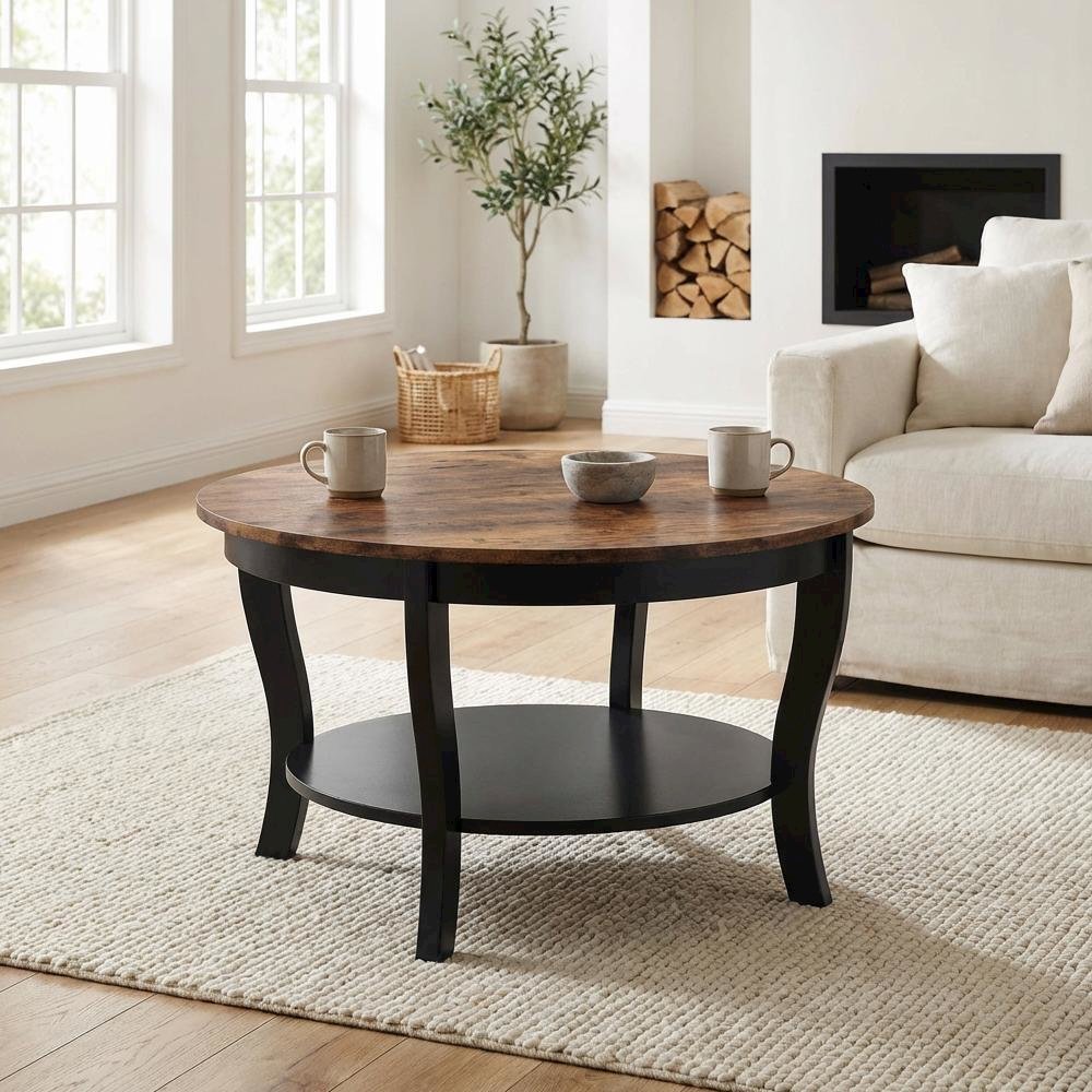 Multi-Color Round Coffee Table with Single Shelf and Rubberwood Legs