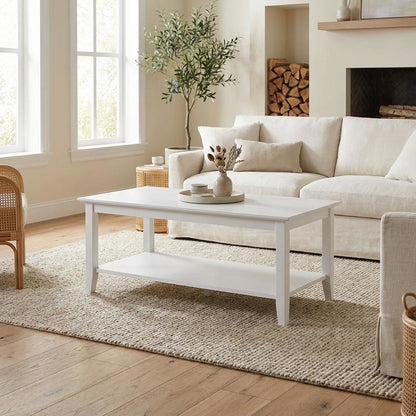 White Rectangle Coffee Table with Shelf MDF Top Rubberwood Legs Durable Design