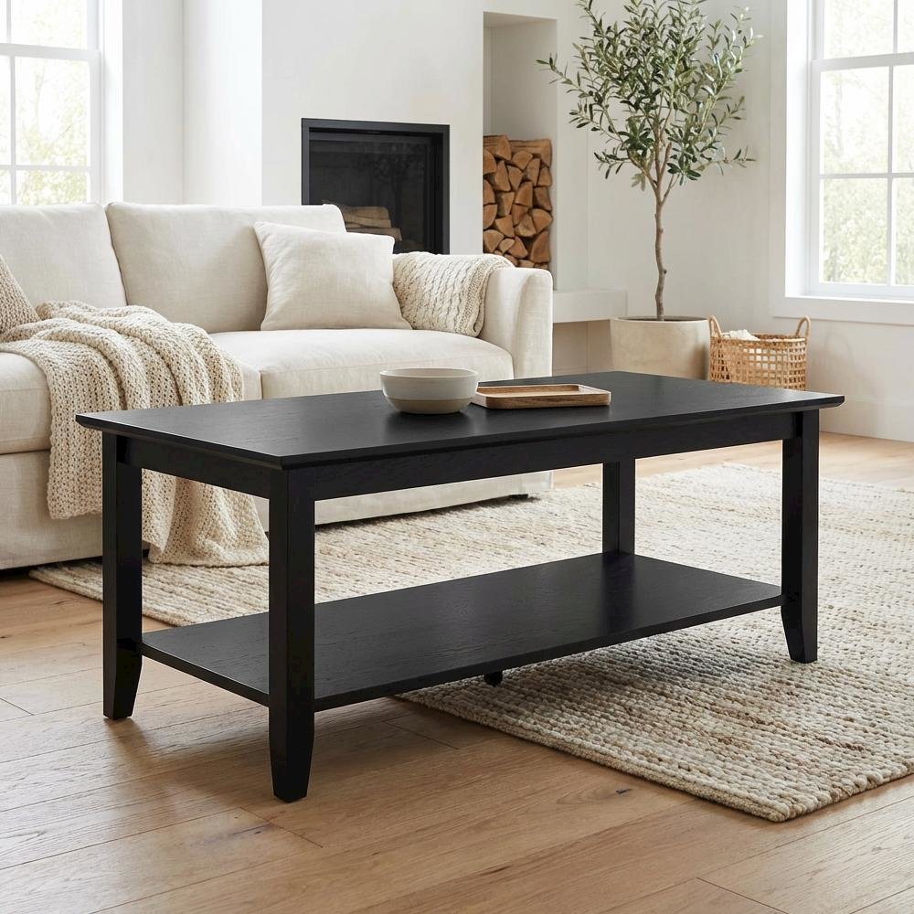 Black Rectangle Coffee Table with Shelf MDF Top Rubberwood Legs Durable Finish