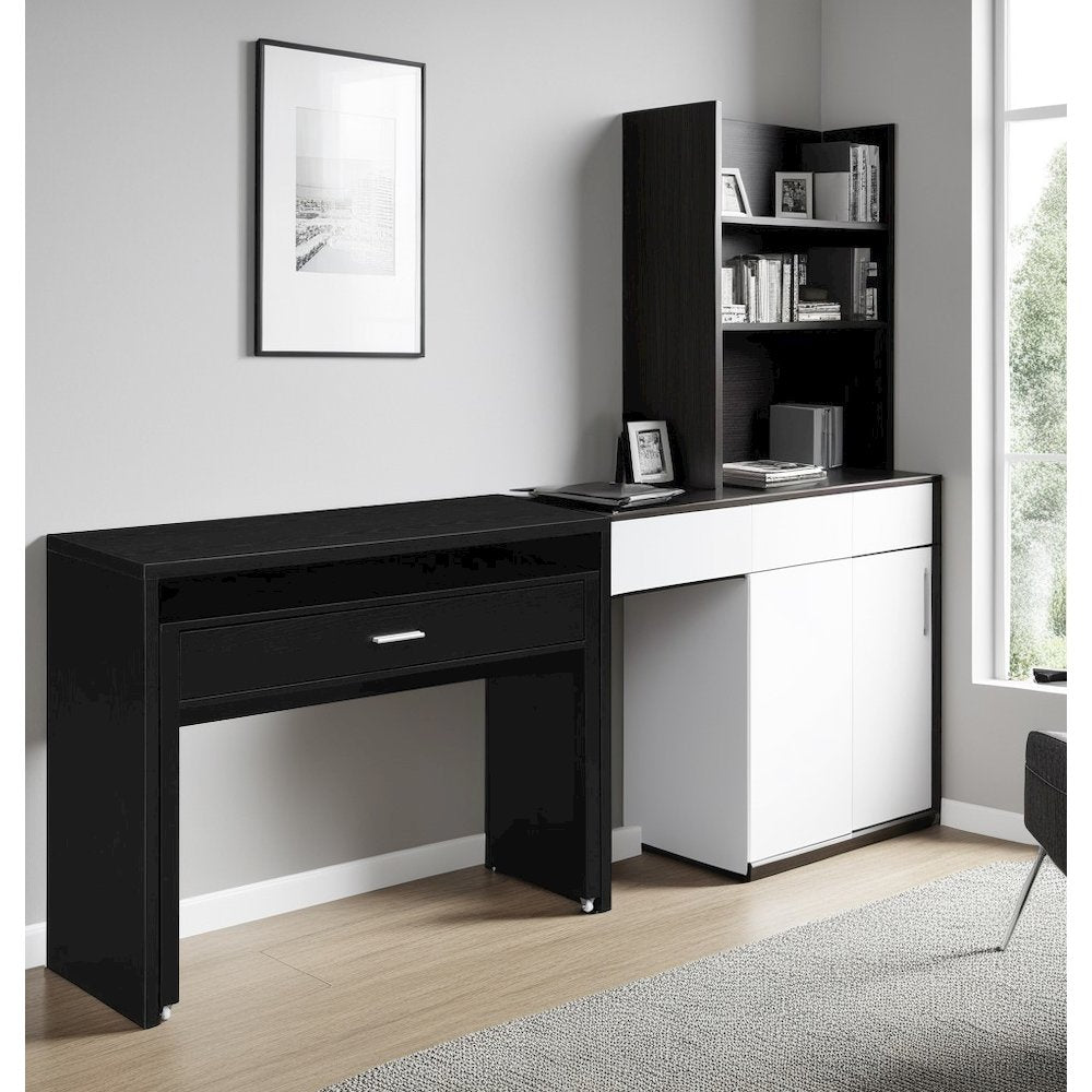 Sleek Black Console Desk with Sliding Drawer and Riser for Office Use