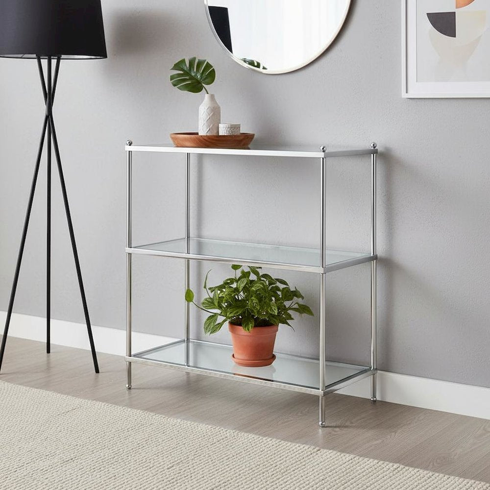 3 Tier Bookcase, Chrome, Glass Shelves, Modern, Easy Setup