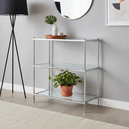 3 Tier Bookcase, Chrome, Glass Shelves, Modern, Easy Setup