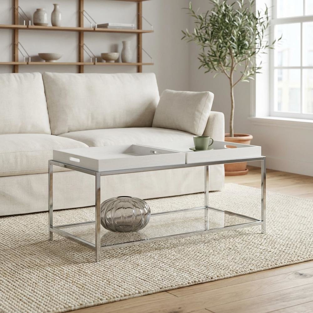 White Coffee Table with Chrome Frame and Sleek Modern Design for Living Room
