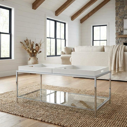 White Coffee Table with Chrome Frame and Sleek Modern Design for Living Room