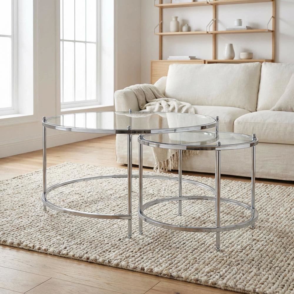 Clear Glass Coffee Tables with Chrome Frame and Tempered Glass Surface