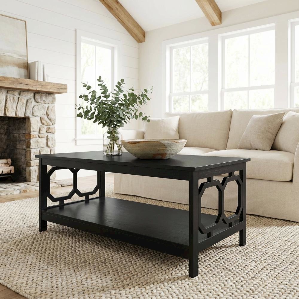 Black MDF Coffee Table with Shelf Contemporary Design Sturdy Storage