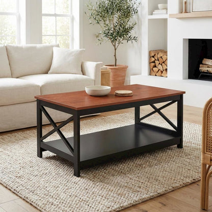 Cherry and Black Coffee Table with MDF Top and Sturdy Frame Compact Design