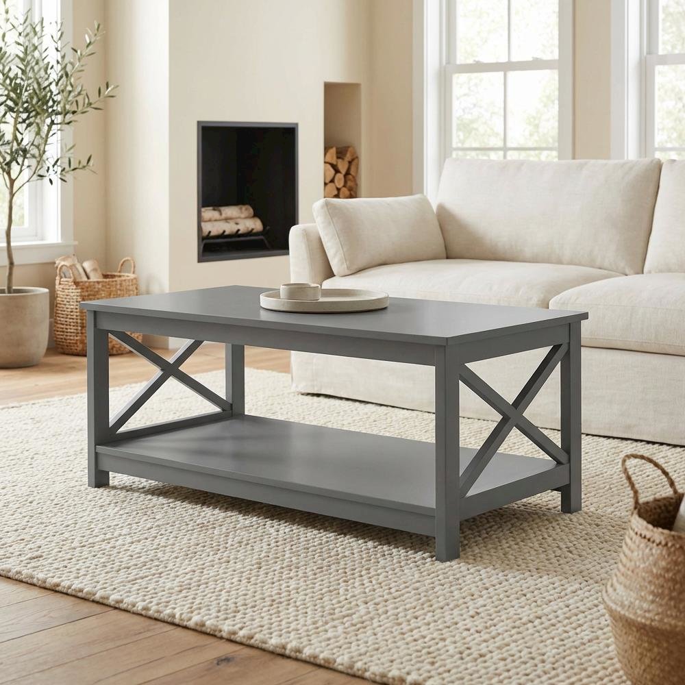 Coffee Table MDF with Shelf in Neutral Finish for Living Room Storage