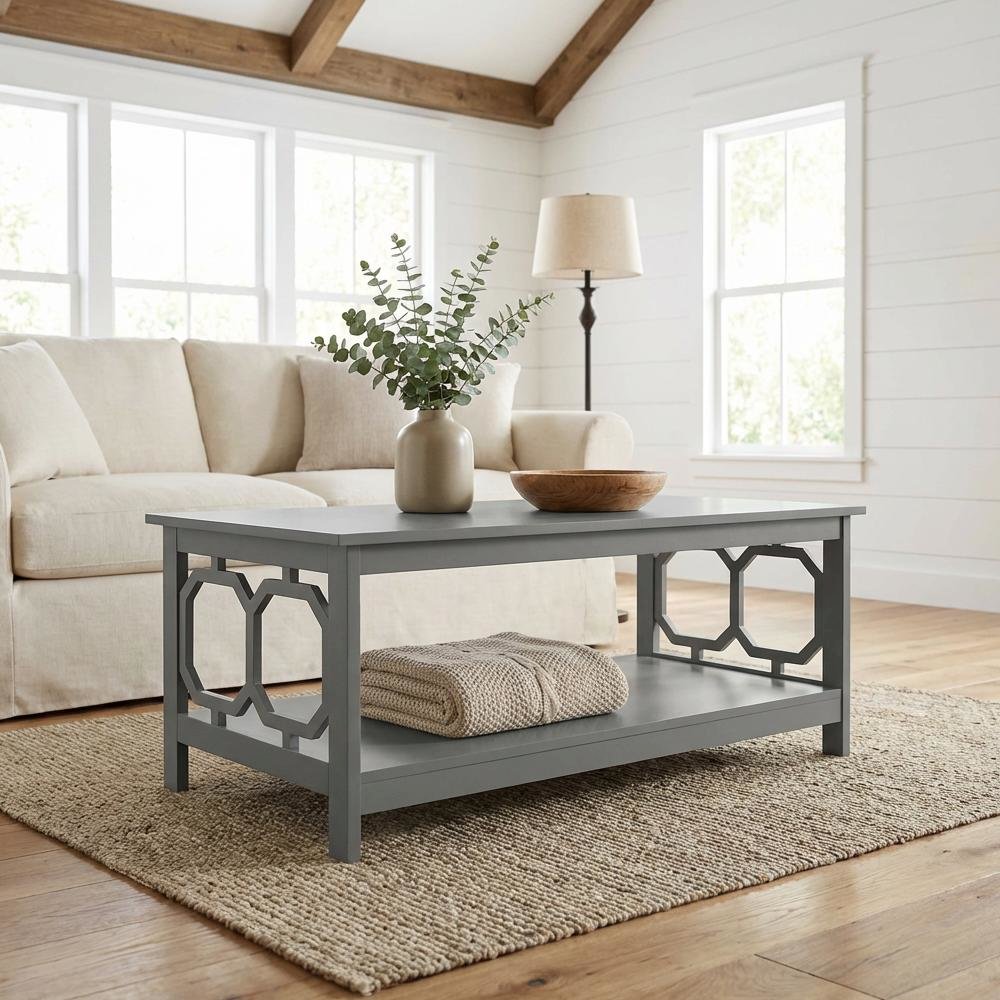 Coffee Table MDF in Neutral Finish with Lower Shelf Storage Surface