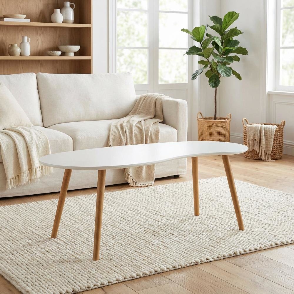 White Neutral Bean Shaped Coffee Table MDF Surface with Stylish Design