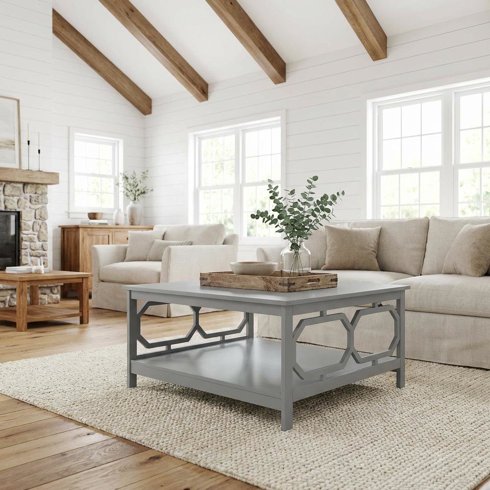 Gray MDF Coffee Table with Square Top and Sturdy Frame for Living Room