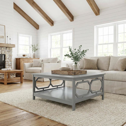 Gray MDF Coffee Table with Square Top and Sturdy Frame for Living Room