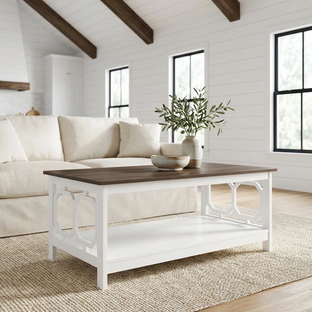 Driftwood White Coffee Table with Shelf MDF Contemporary Design