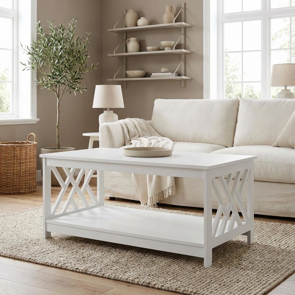 White MDF Coffee Table with Shelf and Storage Space Titan