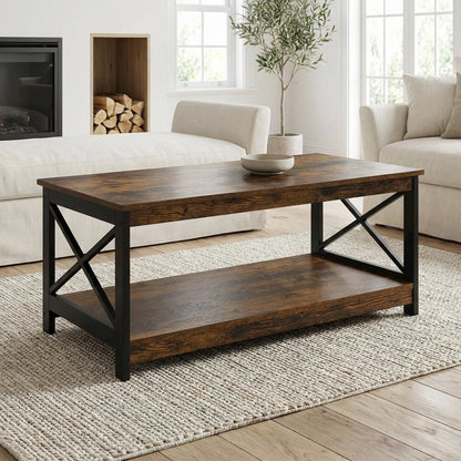 Barnwood Black Coffee Table with Shelf MDF Surface and Storage Space