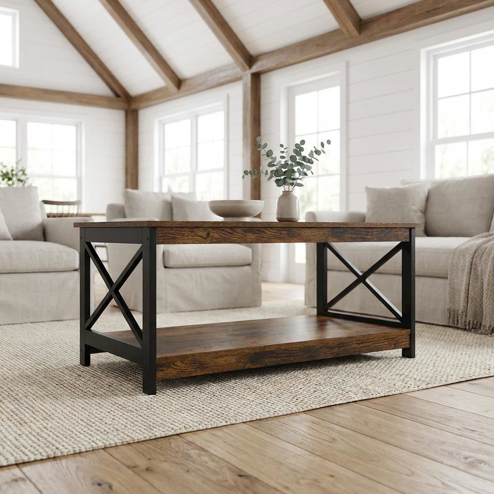Barnwood Black Coffee Table with Shelf MDF Surface and Storage Space