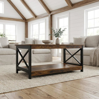Barnwood Black Coffee Table with Shelf MDF Surface and Storage Space