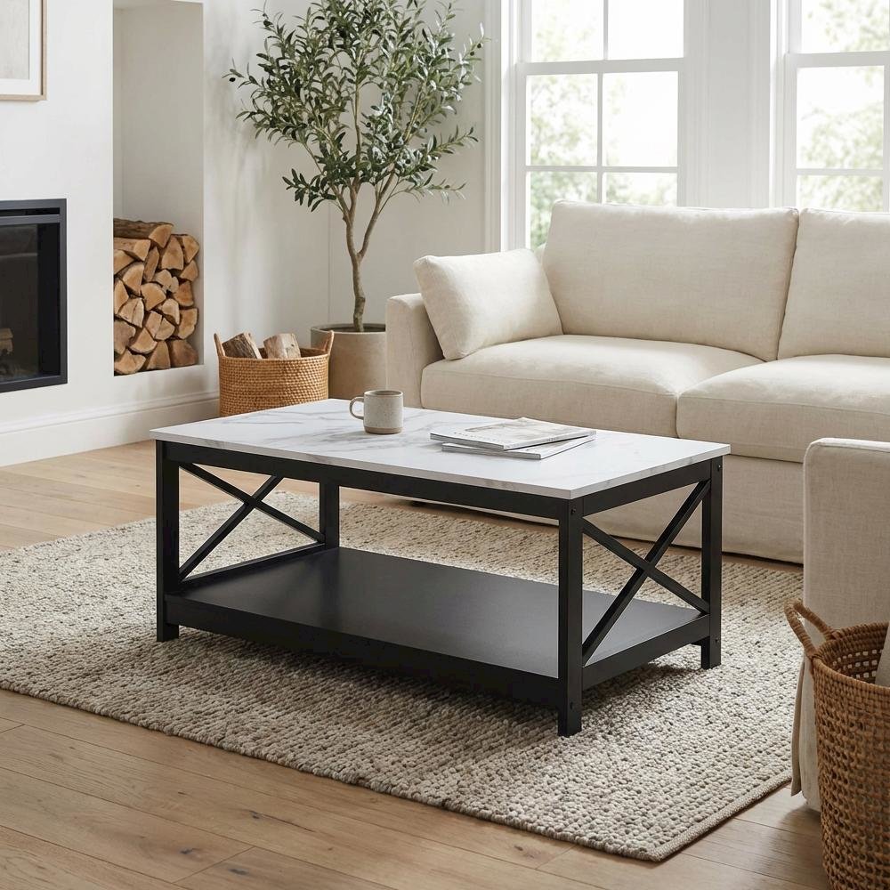 White Faux Marble Coffee Table with Black MDF Shelf and Sturdy Frame
