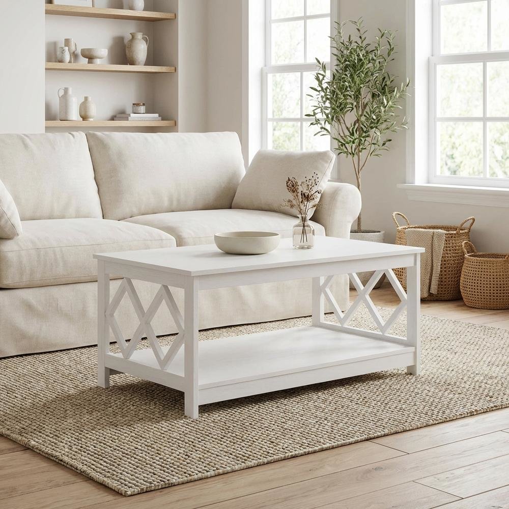 White Particle Board Coffee Table with Contemporary Design and Lightweight Build
