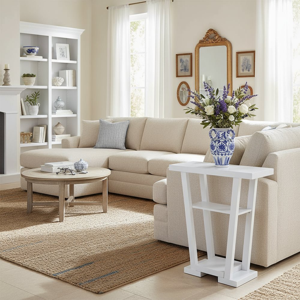 Newport Console Table with Two Shelves, Versatile Use in White Woodgrain Finish