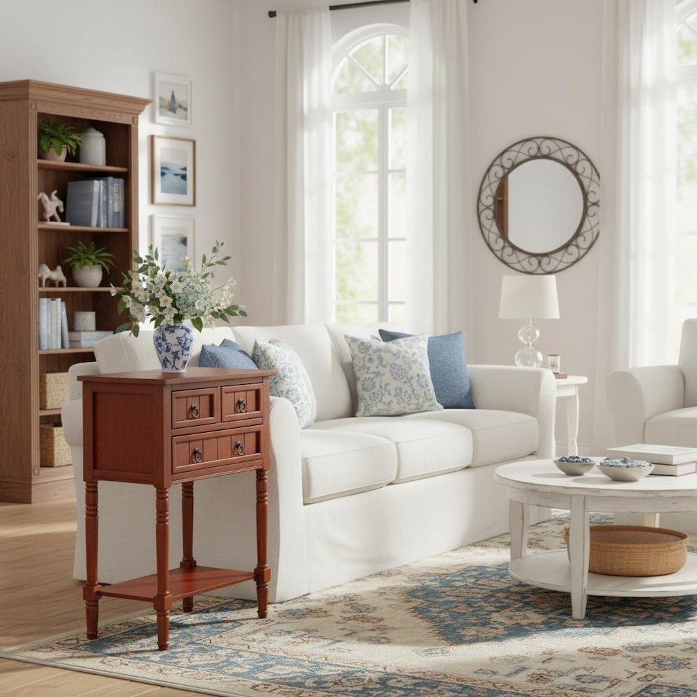 Entryway Hall Table, Cherry, 3 Drawers, 2 Shelves, Quick Setup