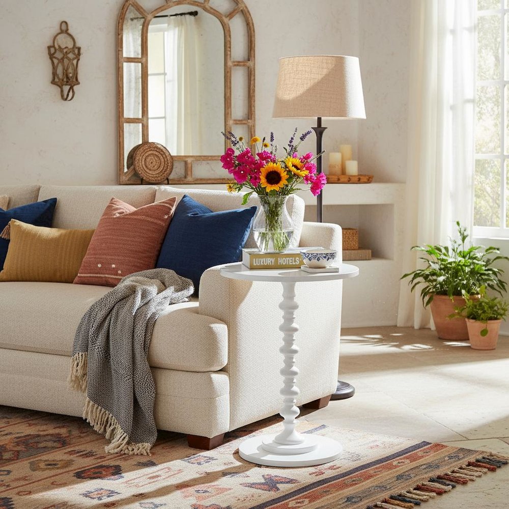 Spindle Coffee Table, White, Round, Turned Base, Easy Assembly
