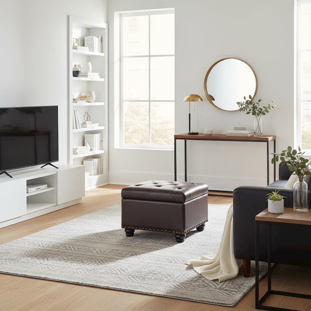Storage Ottoman Footrest Chair in Brown Faux Leather, Pressure Hinge