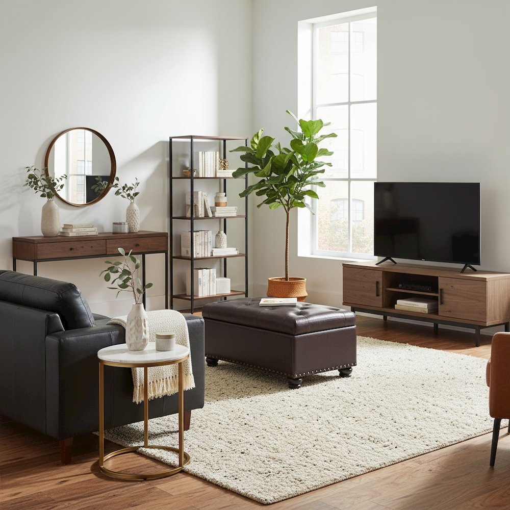 Storage Ottoman Bench Vegan Leather in Brown, Nailhead Accent, 35.5-inch