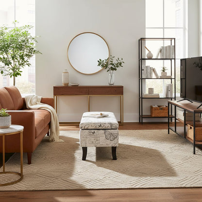 Winslow Ottoman Bench with Fabric Upholstery, White Color, Foam Cushioned Seat