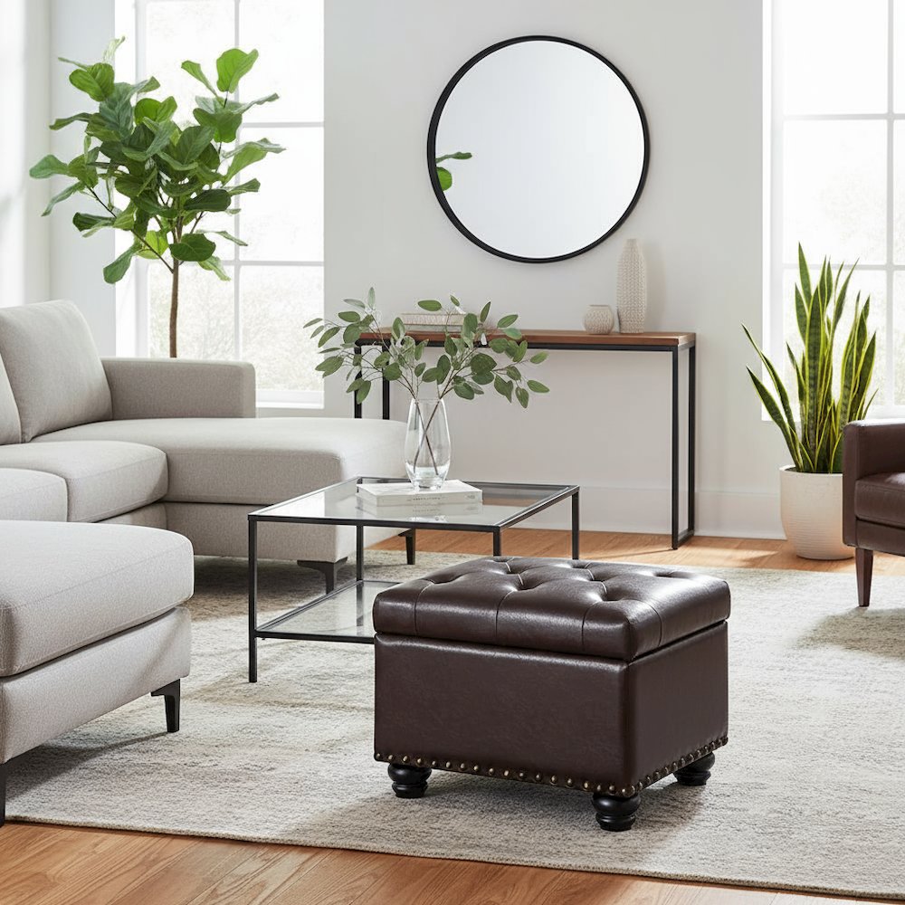 Storage Ottoman Footrest Chair in Brown Faux Leather, Pressure Hinge