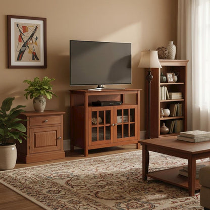 Traditional Media Stand, 36 Inch, Cabinets, Brown Veneer, Storage