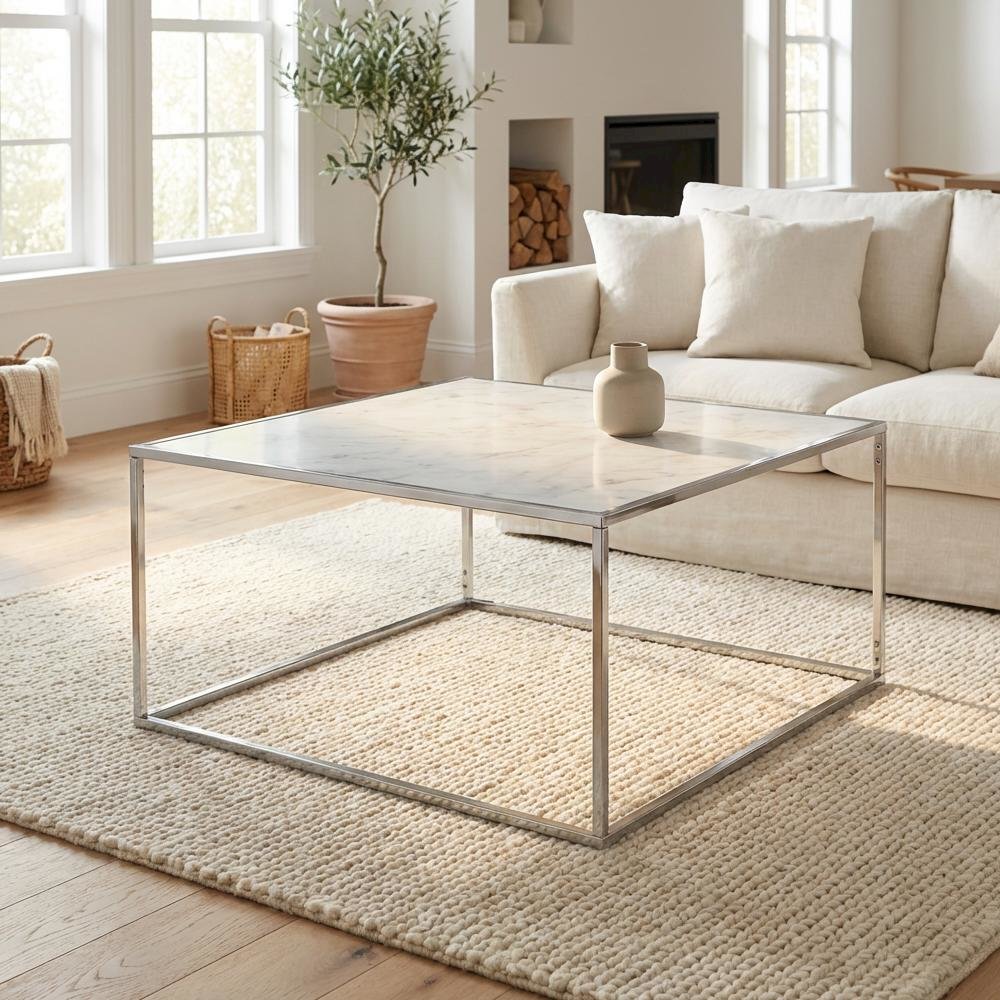 Faux Marble Coffee Table Silver Powder Coated Metal Frame Stylish Design