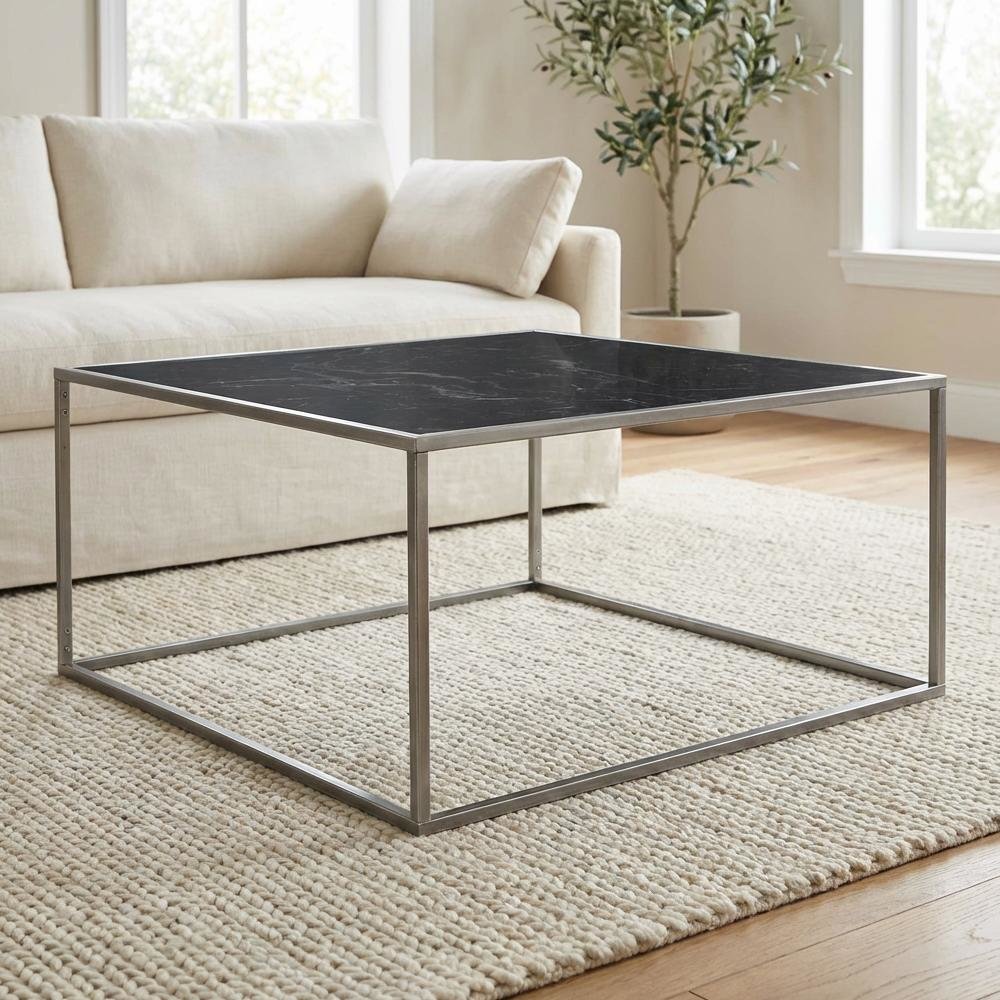 Black Faux Marble Coffee Table with Silver Legs MDF Top Stylish Design