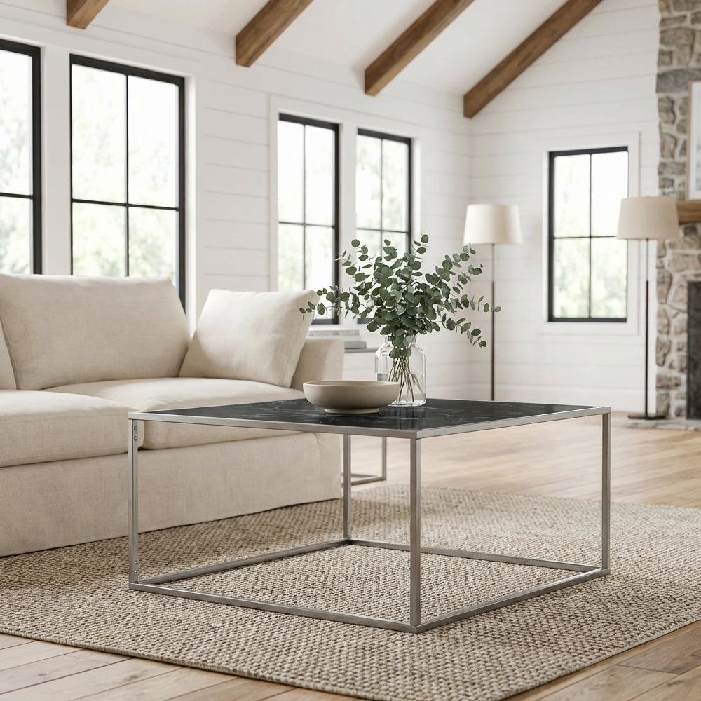 Black Faux Marble Coffee Table with Silver Legs MDF Top Stylish Design