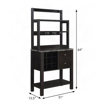 FurniFact Serving Bar with 2-Drawer Wine Rack, Black Faux Marble/Espresso
