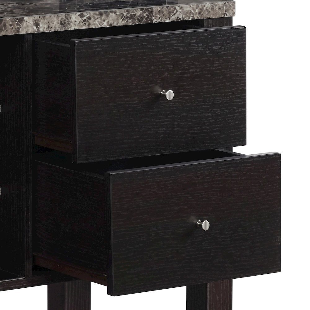 FurniFact Serving Bar with 2-Drawer Wine Rack, Black Faux Marble/Espresso
