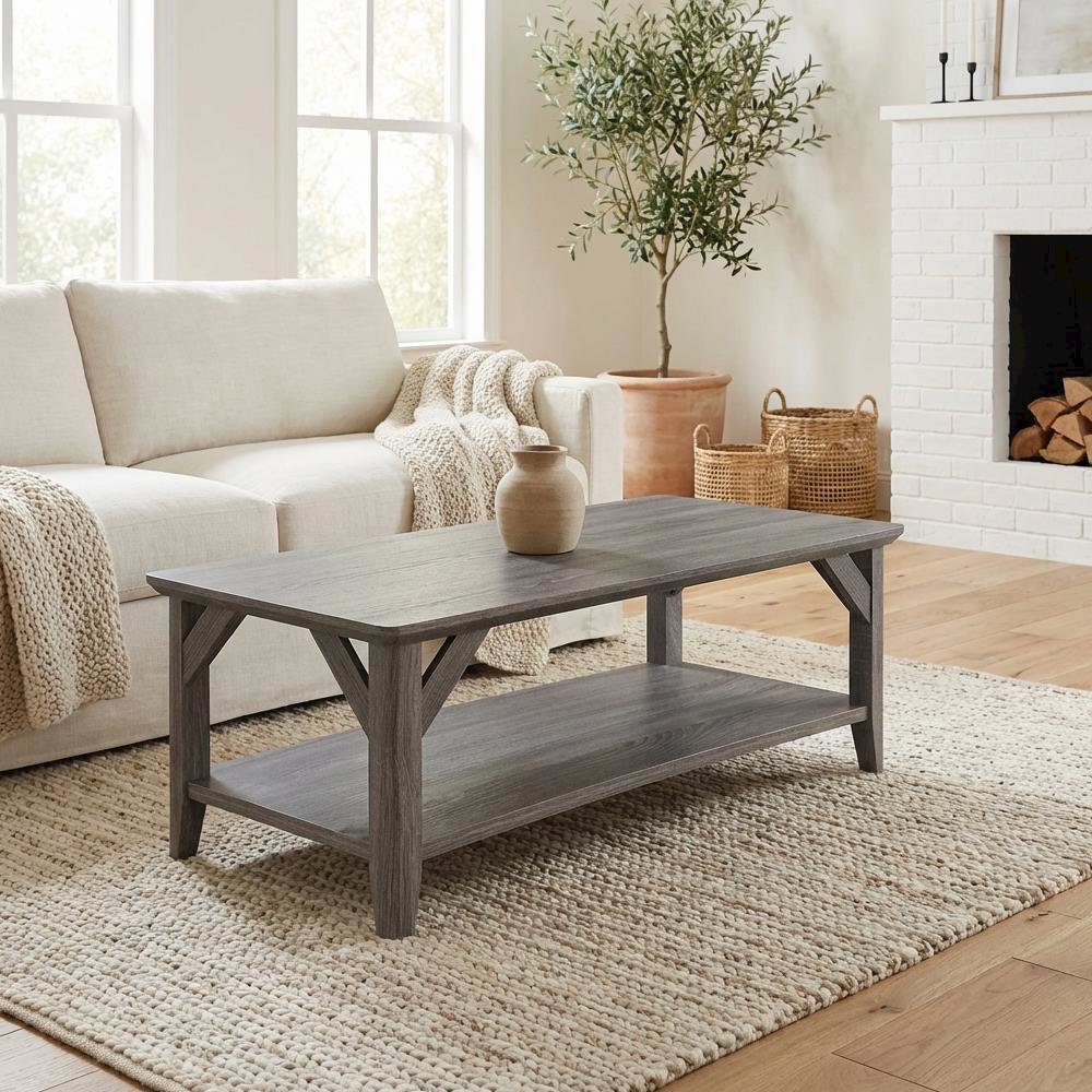 Gray Coffee Table with Shelf and Sturdy Frame for Living Room Storage Surface