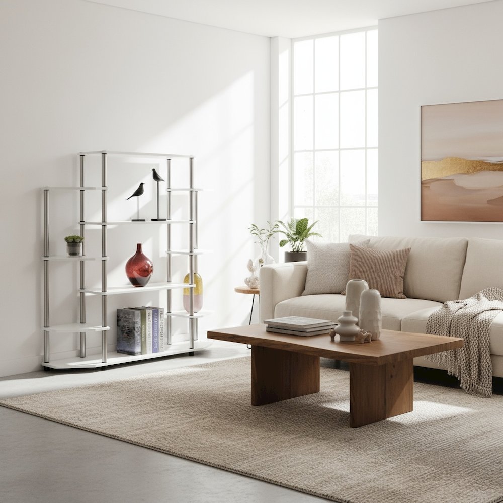 Wall Unit Bookshelf with 10 Tiers, White Finish, No Tools Required