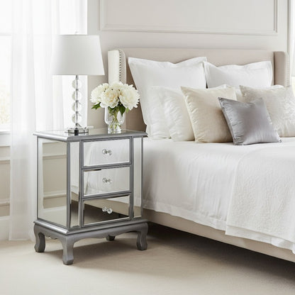 3-Drawer End Table with Mirror Finish, Glam Style, Silver, Quick Easy Assembly