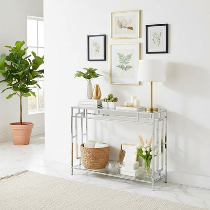 Glass Entry Table, Chrome, Display Shelf, Modern, Easy Setup
