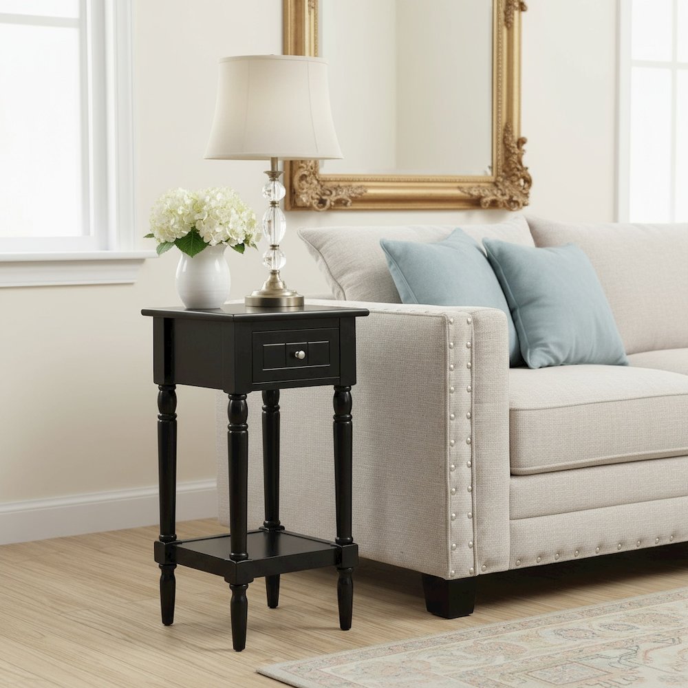 Accent Table, Black, Drawer, Shelf, Solid Wood Legs, 14 Inch