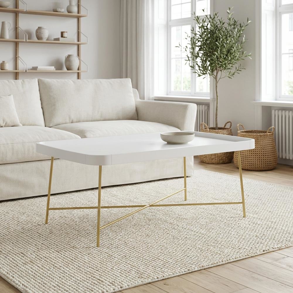 White and Gold Coffee Table MDF Top with Contemporary Modern Design