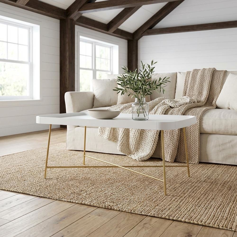 White and Gold Coffee Table MDF Top with Contemporary Modern Design