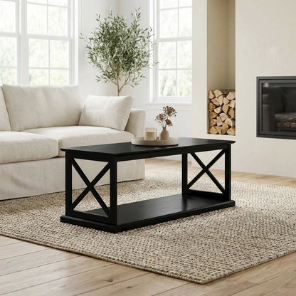 Black Coffee Table with Shelf and Sturdy Frame for Living Room Storage