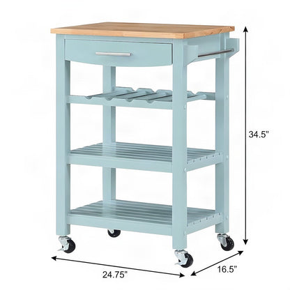 FurniFact Kitchen Cart with Butcher Block Top, Sea Foam Blue/Butcher Block