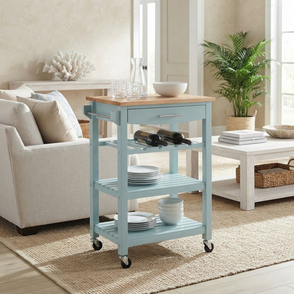 FurniFact Kitchen Cart with Butcher Block Top, Sea Foam Blue/Butcher Block