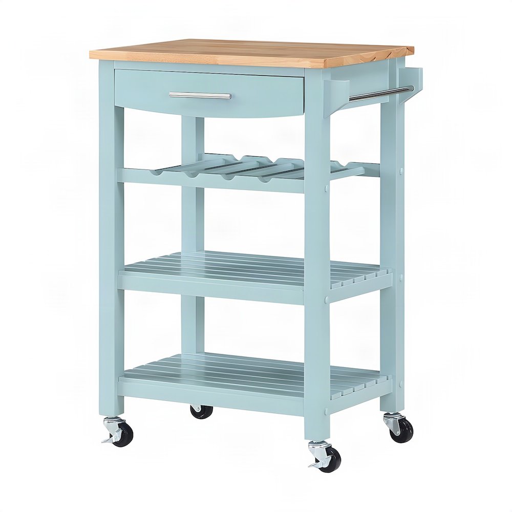 FurniFact Kitchen Cart with Butcher Block Top, Sea Foam Blue/Butcher Block