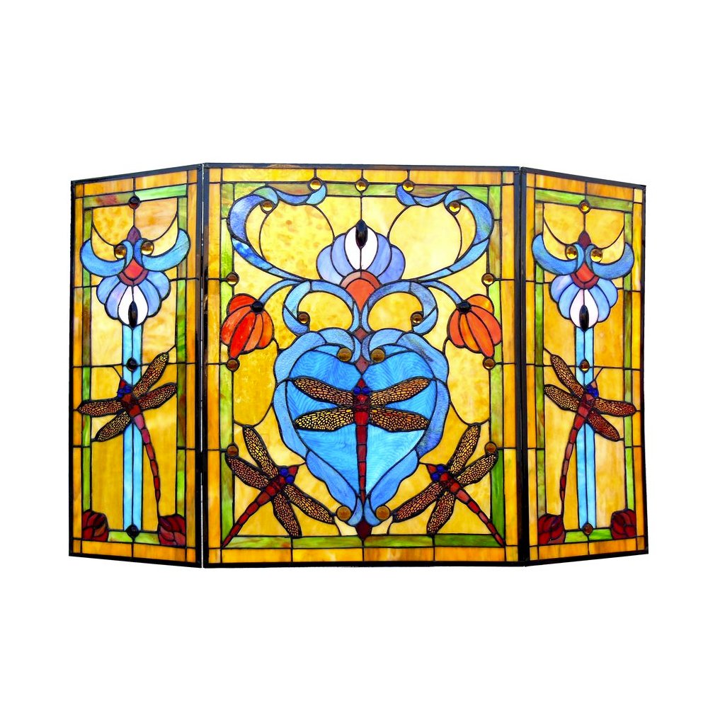 ZYGO Tiffany-style 3pcs Folding Dragonfly Fireplace Screen 44" Wide