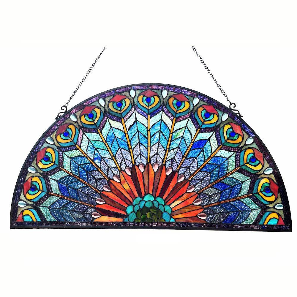 Regal Eudora Tiffany-Style Peacock Feather Glass Window Panel 35"X18"