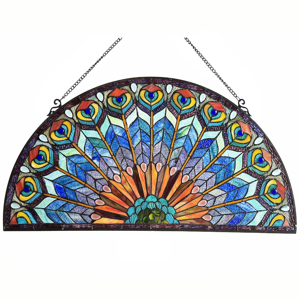 Regal Eudora Tiffany-Style Peacock Feather Glass Window Panel 35"X18"